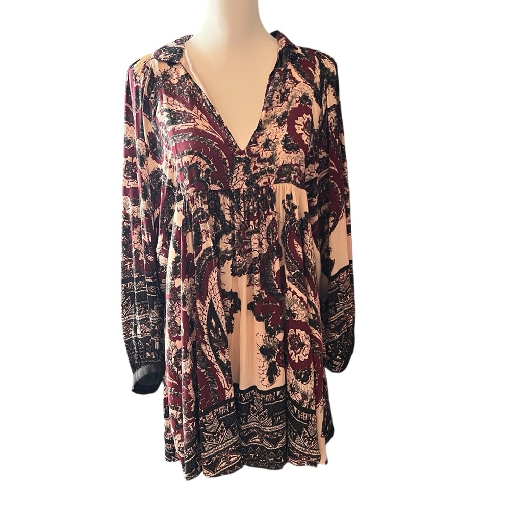 Free People Say You Love Me long-sleeve dress in burgundy and ivory SZ S - Picture 2 of 9